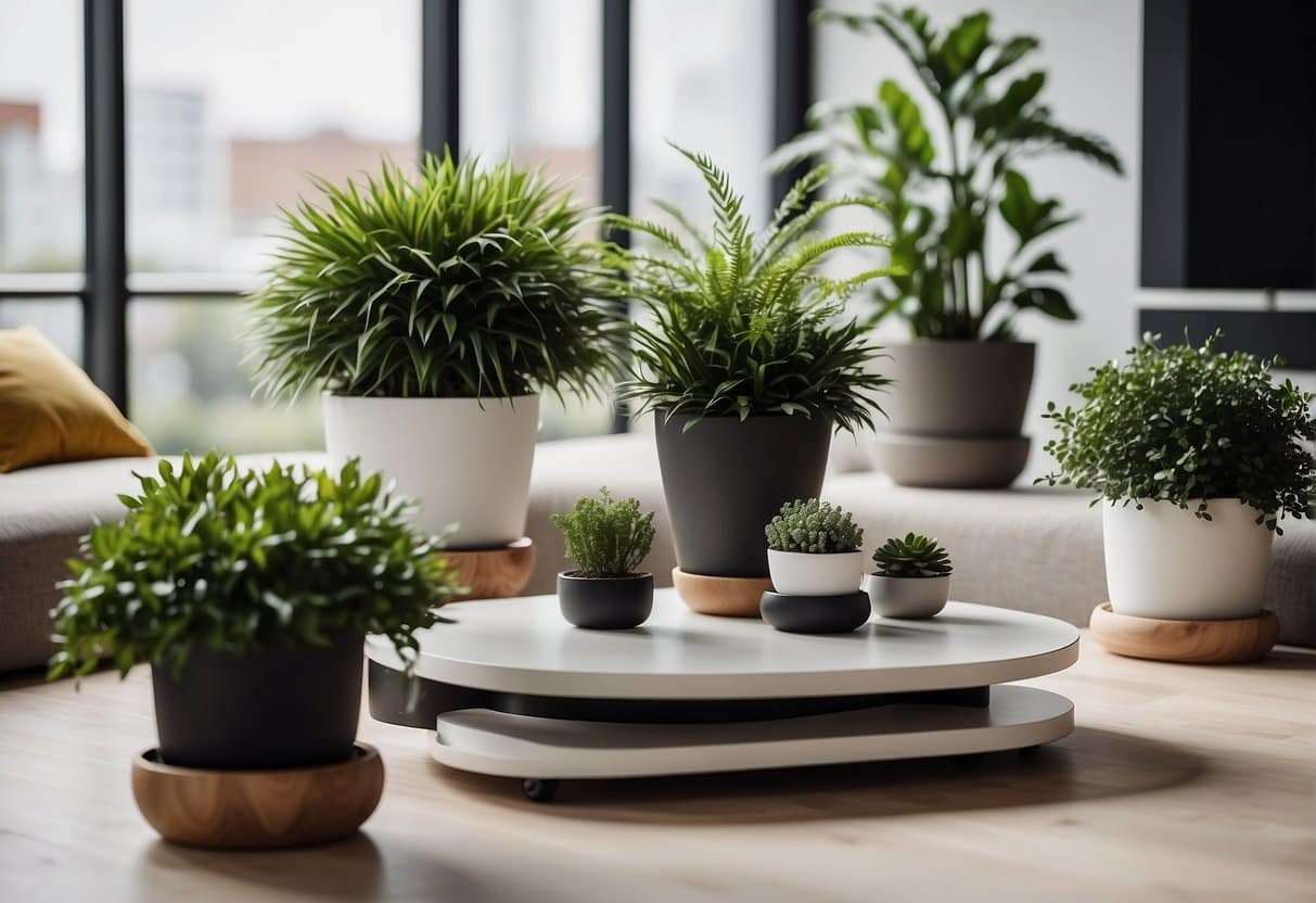 A modern living room with artificial plants in trendy pots. Bright, minimalist decor with natural light