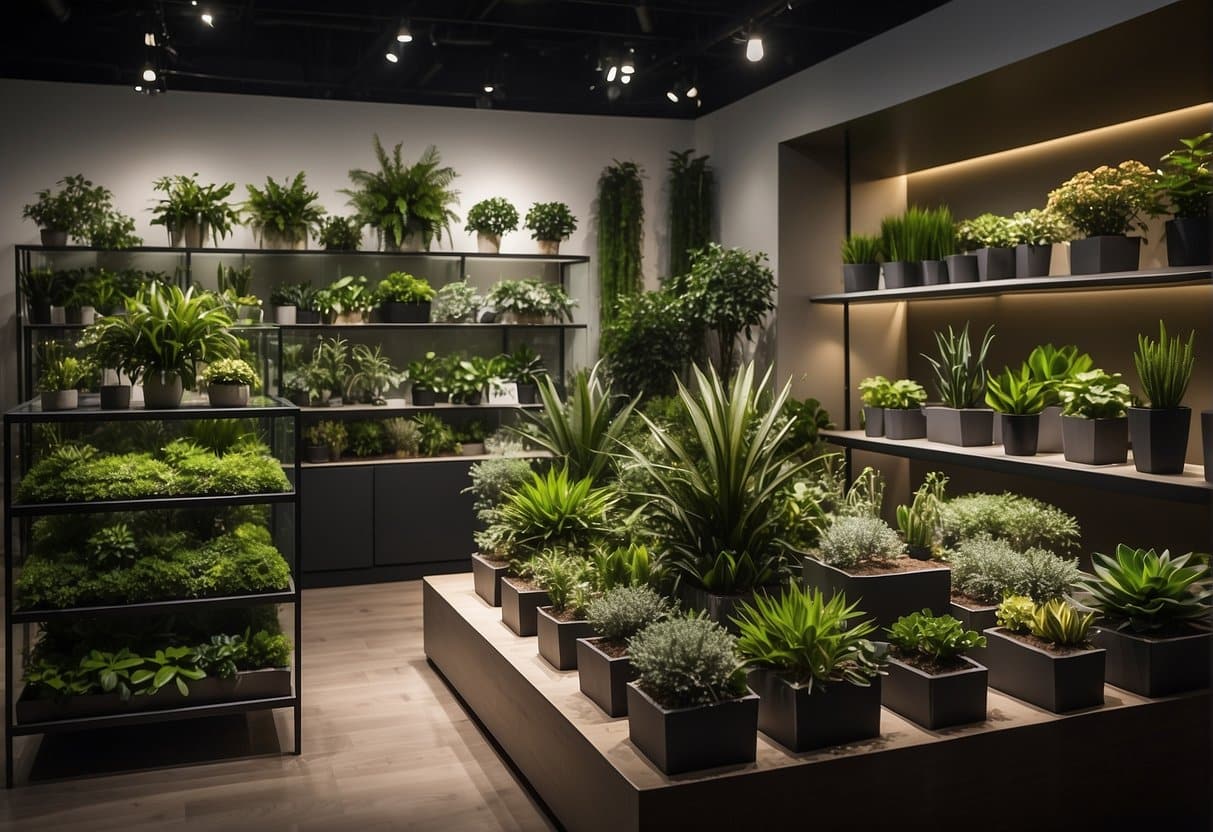 A display of lifelike artificial plants in a modern, well-lit showroom. Various types and sizes are arranged on shelves and tables