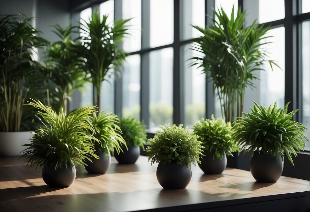 A modern living room with artificial plants on a sleek coffee table and hanging from the ceiling, creating a vibrant and low-maintenance atmosphere