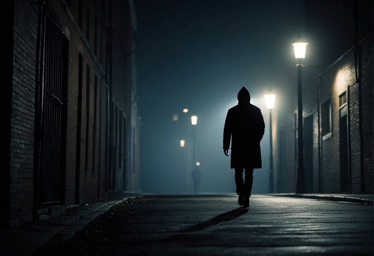 A dimly lit alleyway with a flickering streetlight casting eerie shadows. A figure lurks in the shadows, their silhouette obscured, hinting at mystery and danger