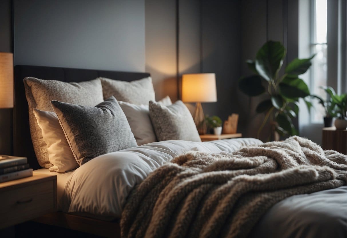 A cozy bed with a fluffy pillow and a warm blanket, surrounded by a peaceful and quiet atmosphere