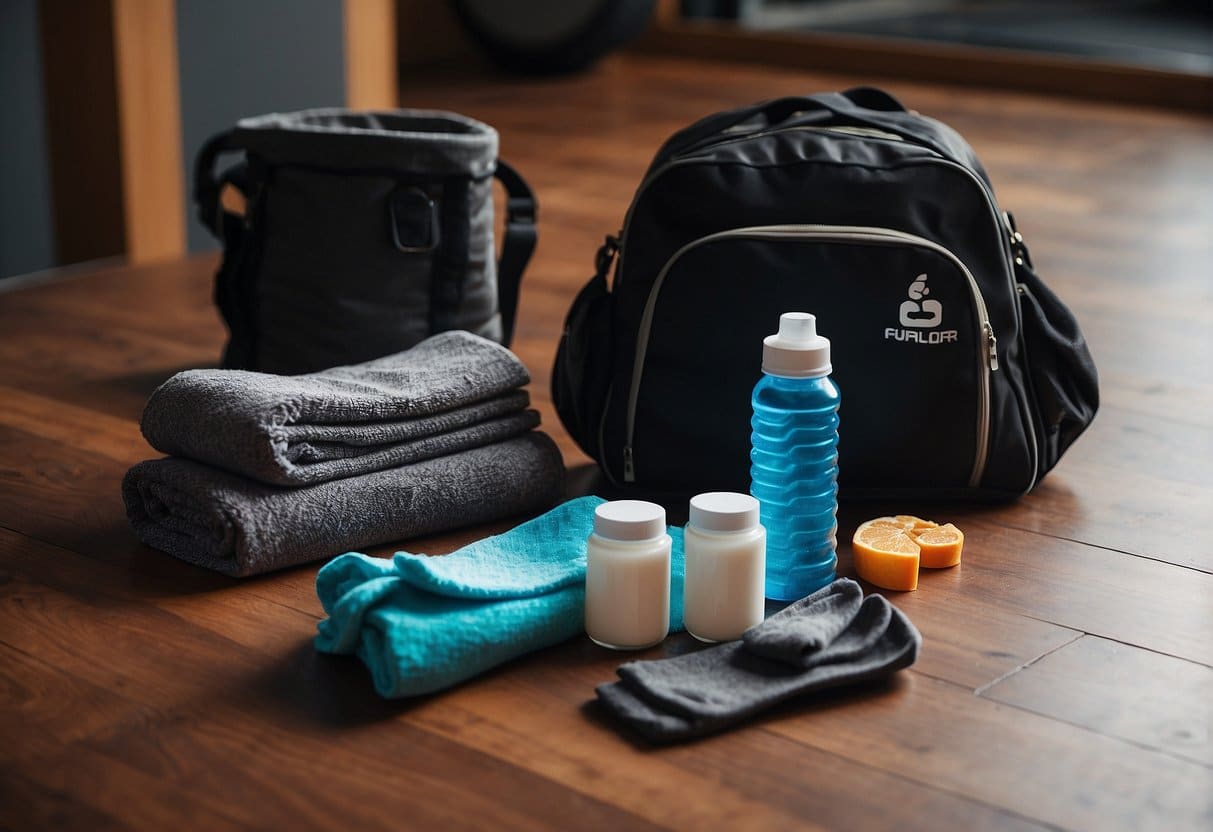 A gym bag open, spilling out protein powder, energy bars, and a water bottle. A towel and workout gloves sit nearby