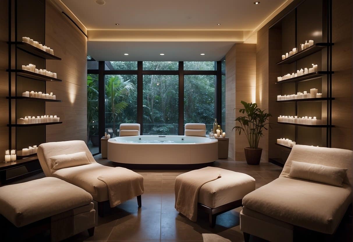 A serene spa room with soft lighting, plush chairs, and shelves lined with high-quality skincare products. A peaceful ambiance with soothing music playing in the background