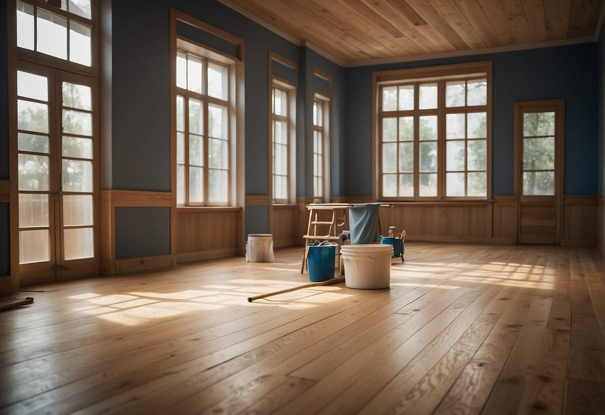 A room with wooden floor being painted and ventilated for drying