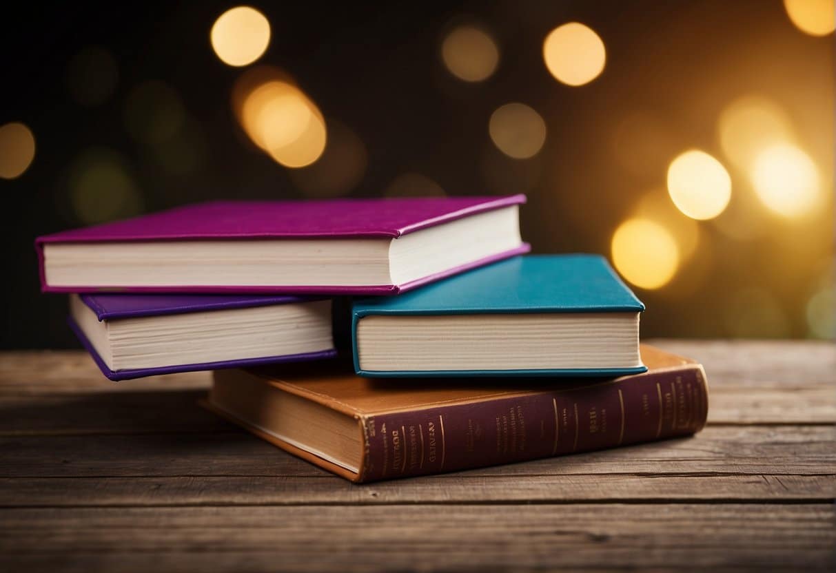 A stack of five books from the "Best Publishers for New Authors" sits on a table, their colorful covers catching the light