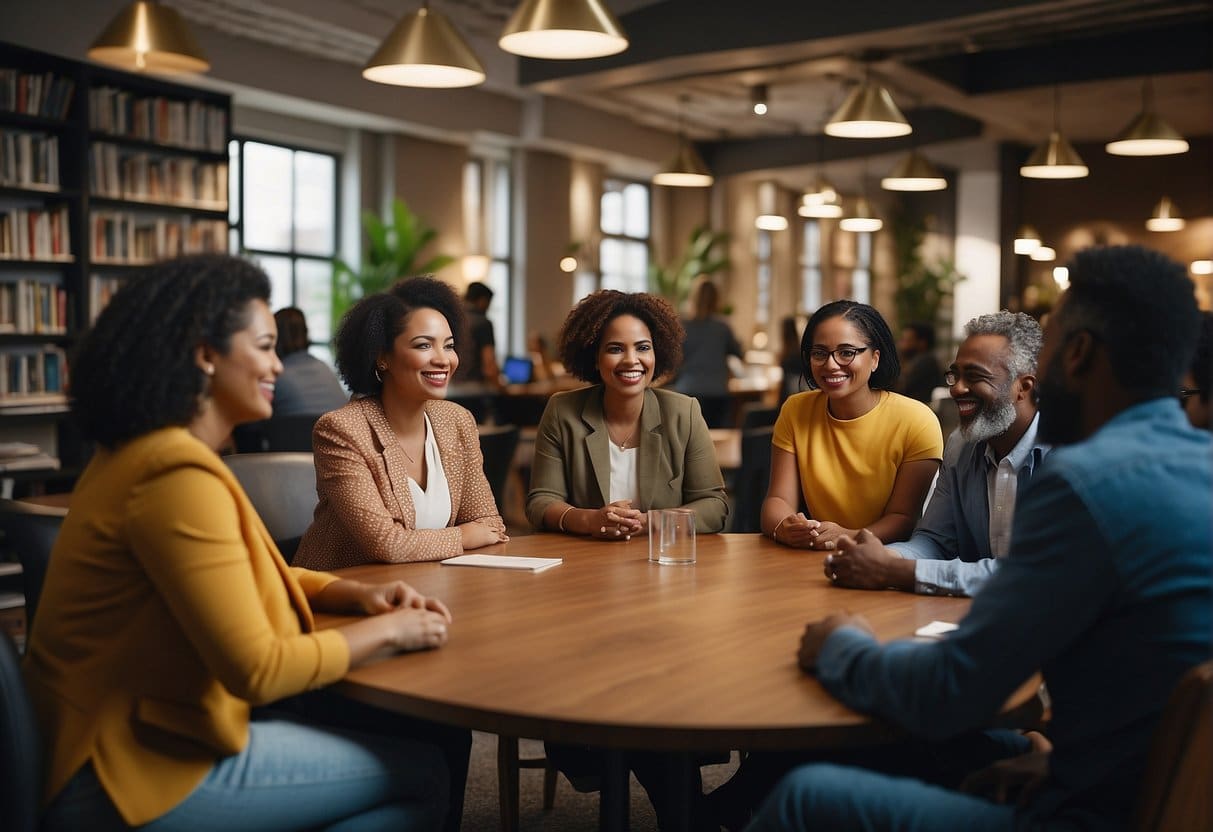 A group of diverse people engage in lively discussions about social and political themes in literature at a vibrant and welcoming publishing house, where new authors are encouraged to share their voices