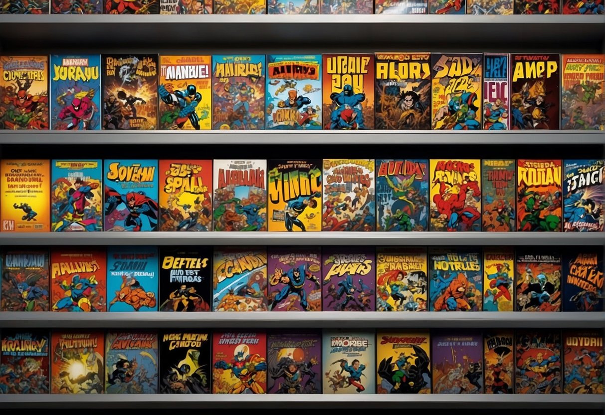 A shelf filled with colorful comic books, with "Best New Series 2024" prominently displayed on the cover of one