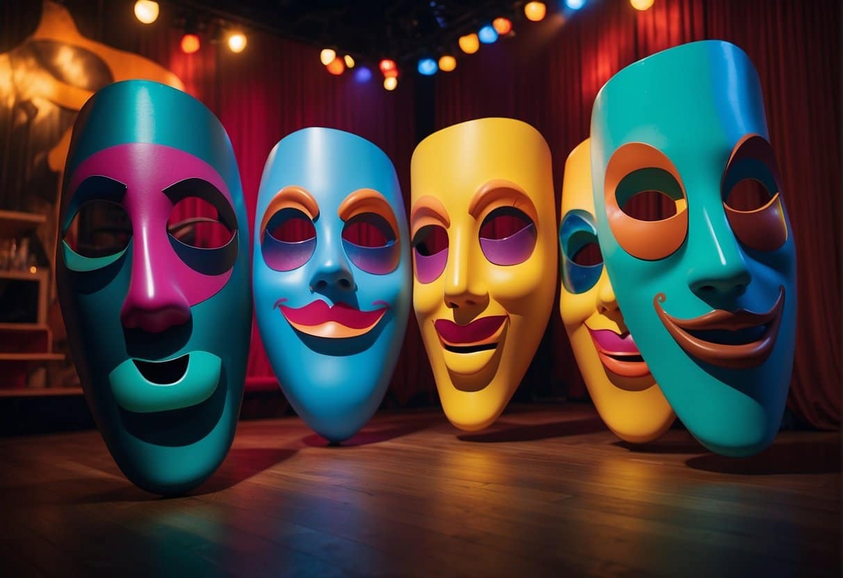 A colorful and vibrant stage set with comedy-themed props and decor, including oversized comedy masks, a spotlight, and a laughter-inducing backdrop