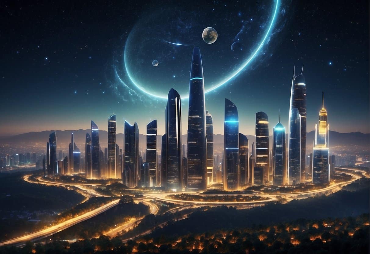 A futuristic city skyline with holographic billboards and flying cars, set against a starry night sky