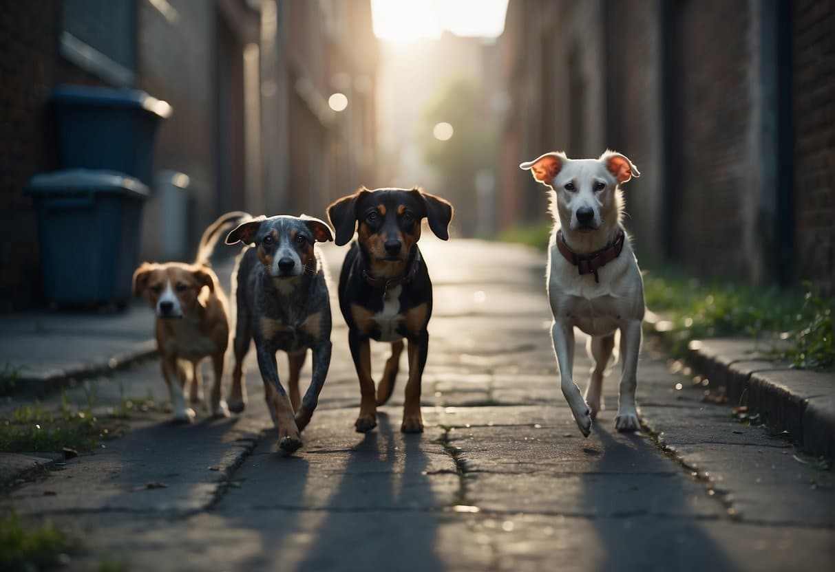 A pack of trained rat-hunting dogs sniffing and searching for pests in a cluttered urban alleyway