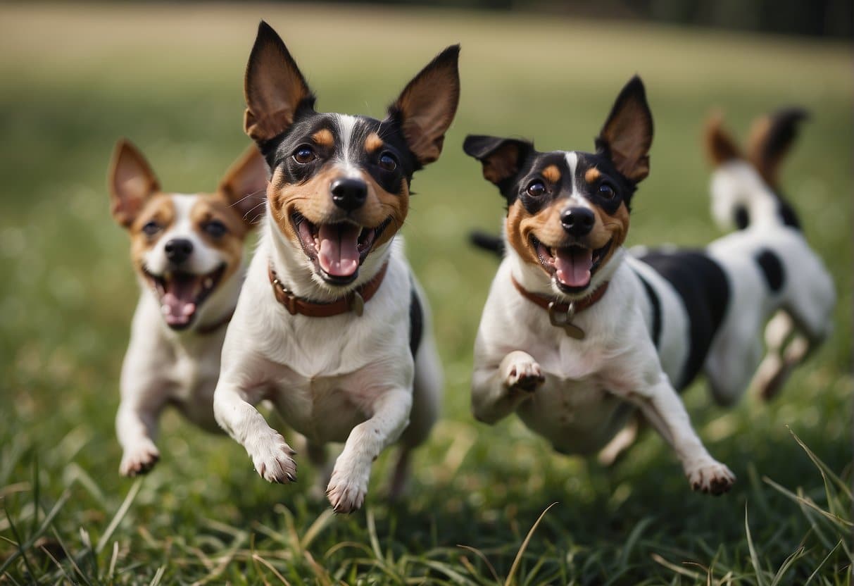 A group of rat terriers playfully chase each other in a grassy field, their tails wagging and ears perked up in excitement