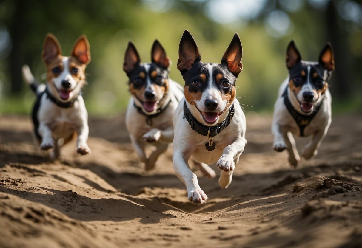 A group of well-trained rat terriers are running through an obstacle course, responding to commands with agility and focus