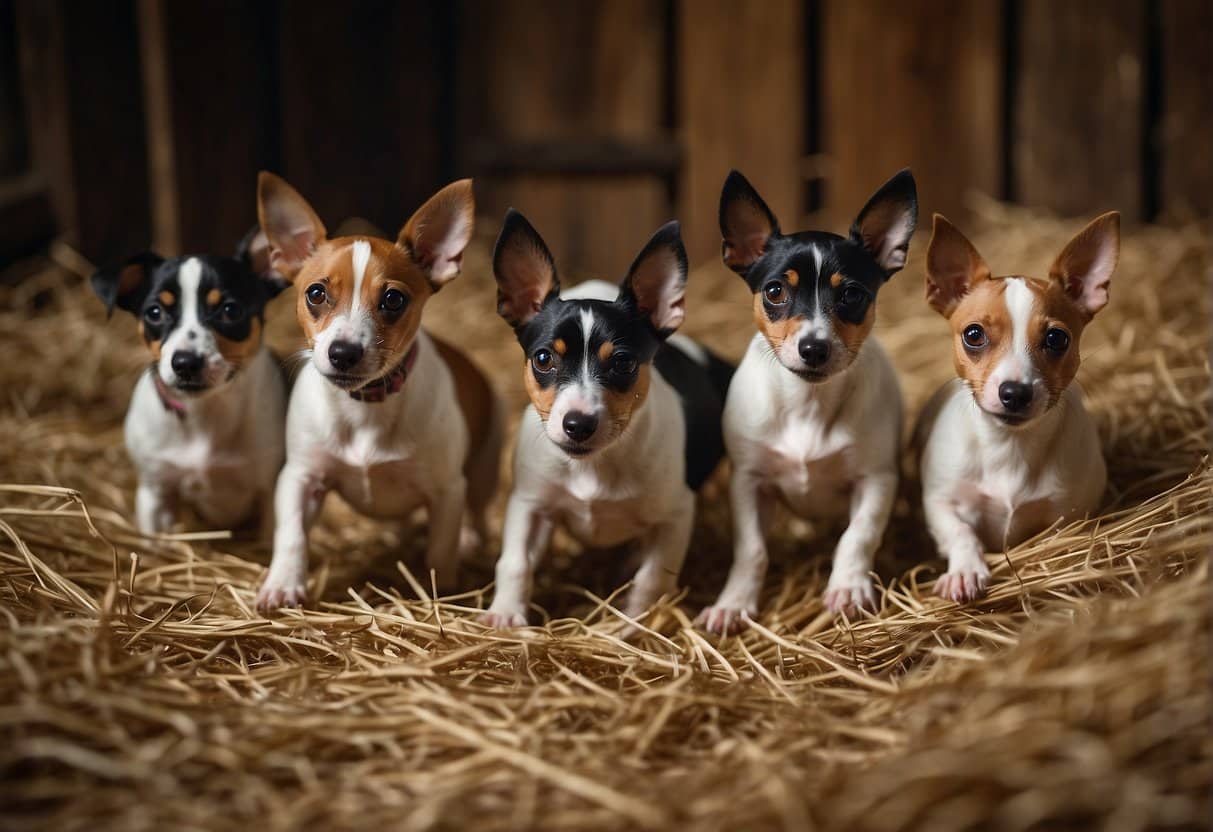 A group of rat terriers hunting in a barn, chasing after rats in the straw and hay