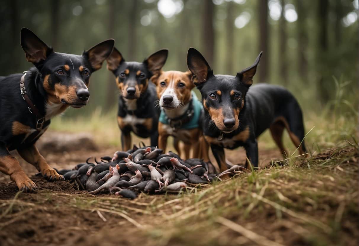 A pack of sleek, alert rat-hunting dogs gather eagerly around a pile of freshly caught rodents, their sharp eyes and keen noses ready for action