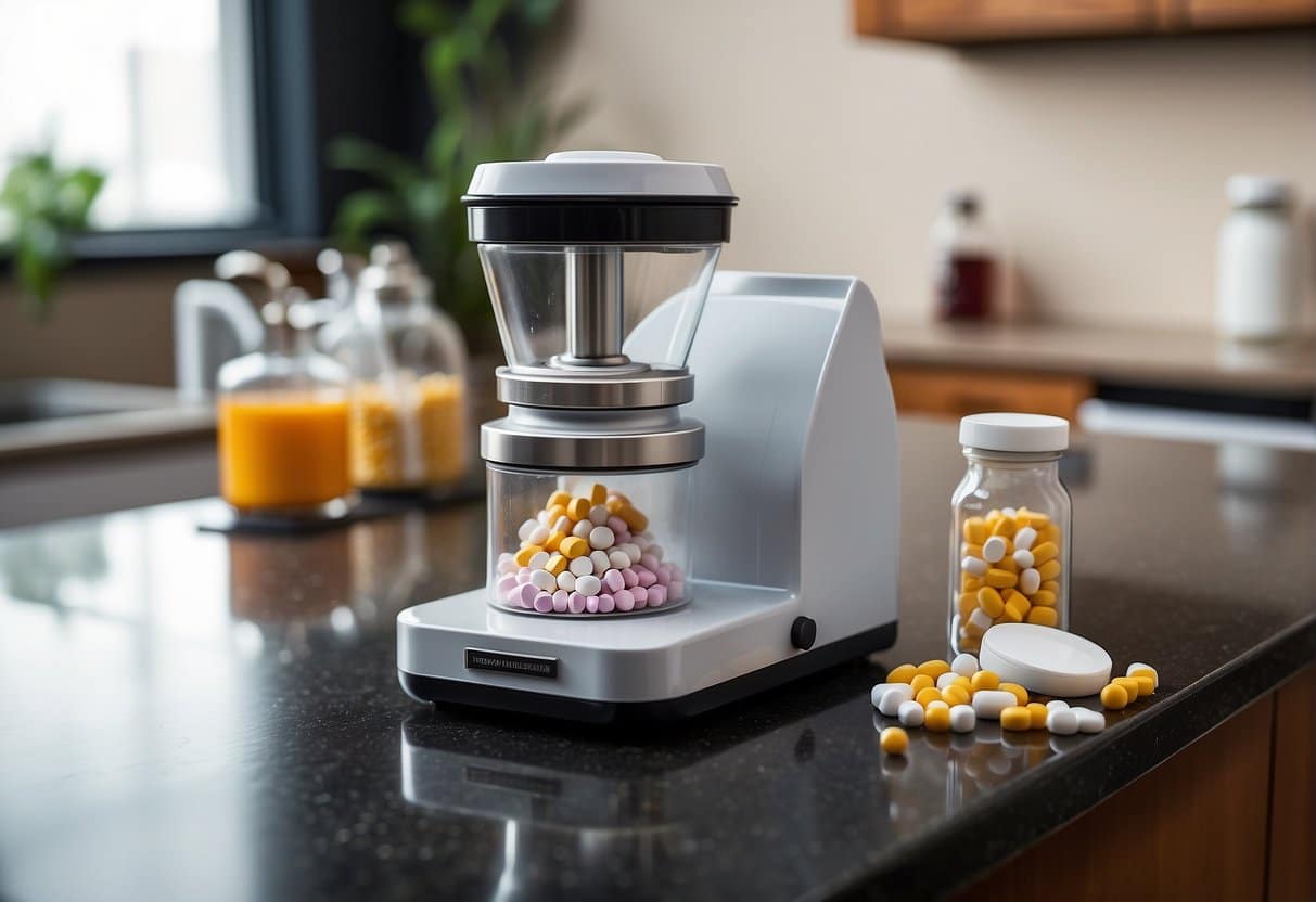 A pill crusher being used on a countertop with pills and a bottle nearby