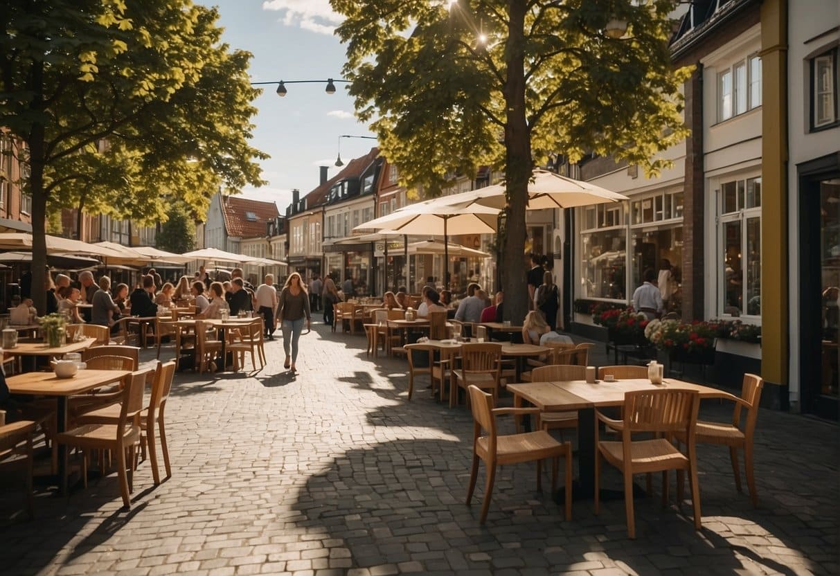 A bustling street in Silkeborg, with colorful buildings and outdoor seating at the best restaurants. The sun shines down on the lively atmosphere