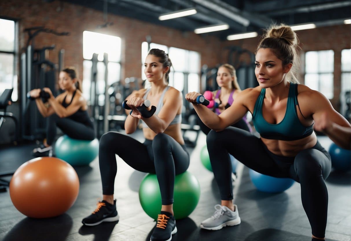 A group of people performing various abdominal exercises in a gym setting, with equipment such as exercise balls and resistance bands