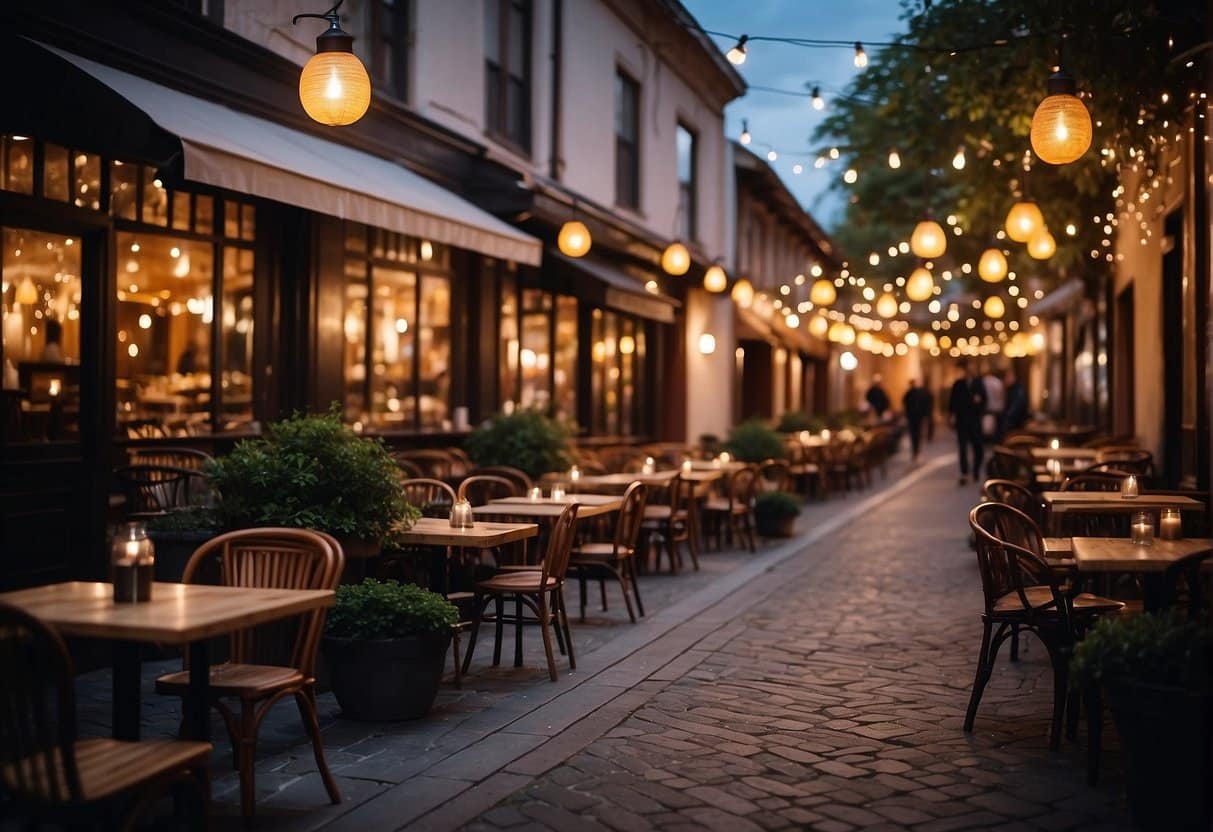 A bustling street lined with charming restaurants, each with its own unique character and ambiance. Outdoor seating, twinkling lights, and tantalizing aromas fill the air