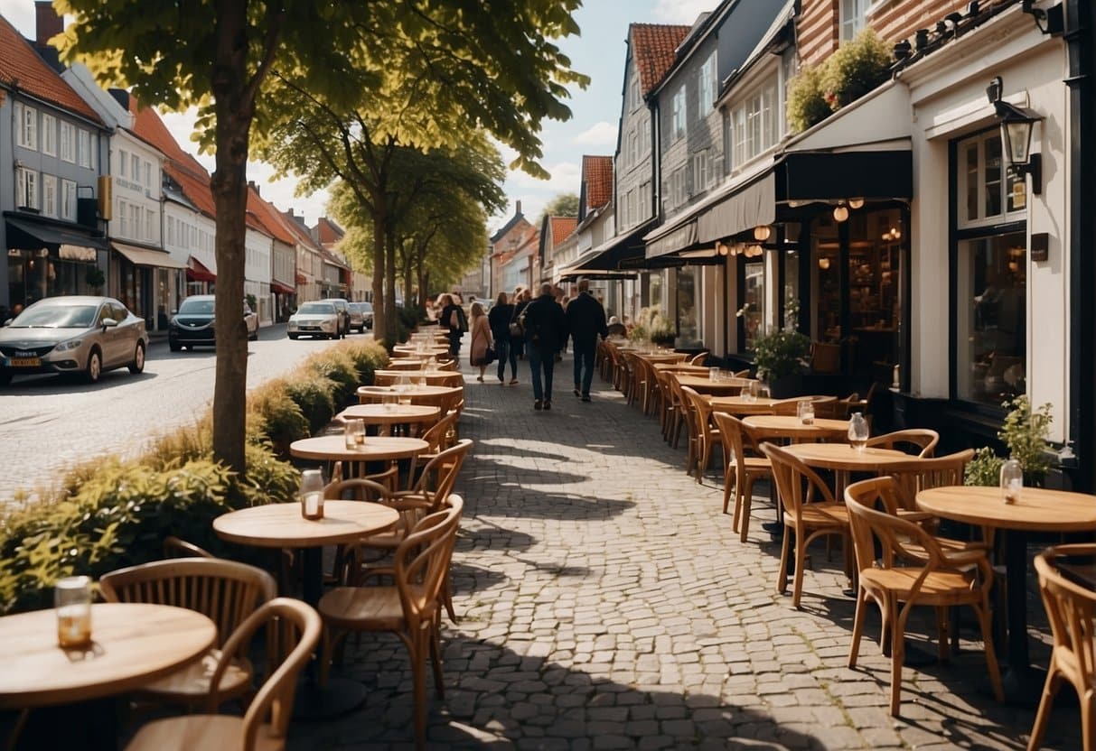 A bustling street lined with cozy cafes and elegant restaurants in Silkeborg, Denmark. Outdoor seating, colorful signage, and people enjoying delicious meals