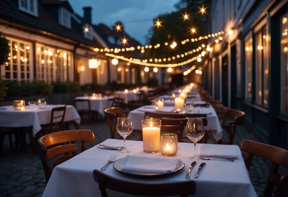 A charming outdoor dining scene at the best restaurants in Svendborg. Tables with crisp white tablecloths and flickering candlelight under a starry night sky