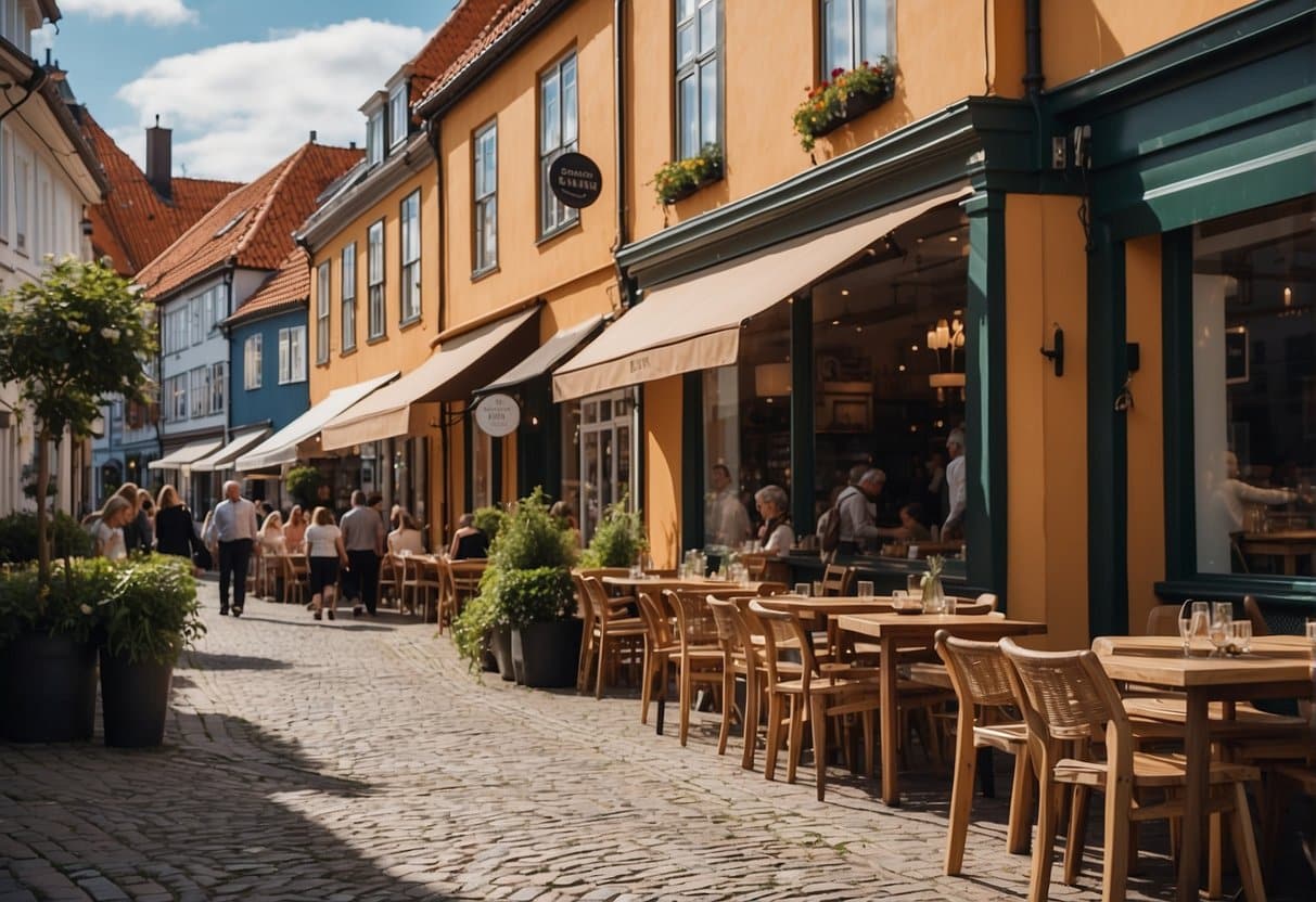 A bustling street in Svendborg, with colorful storefronts and outdoor dining. A mix of locals and tourists enjoy the lively atmosphere of the renowned restaurants