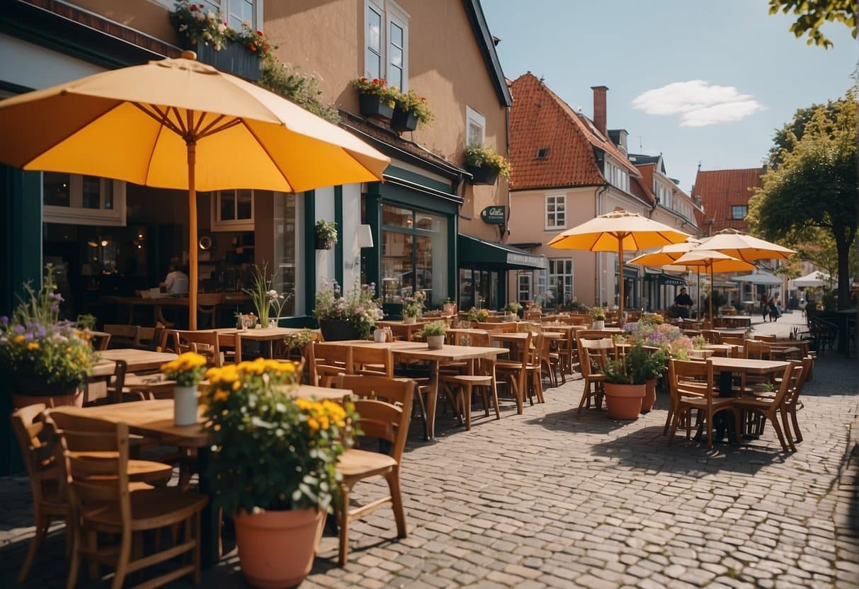 A cozy café in Svendborg with outdoor seating and colorful umbrellas. Tables are adorned with fresh flowers, and the aroma of freshly brewed coffee fills the air