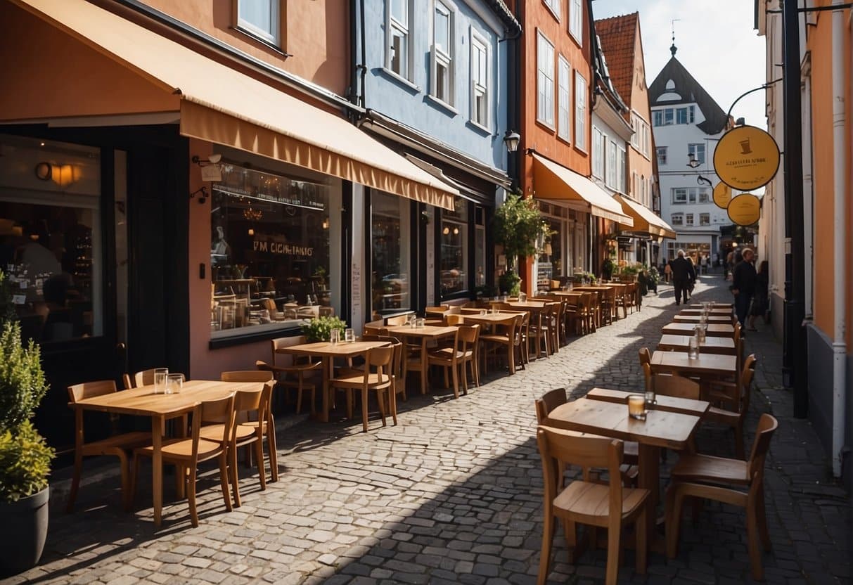 A cozy restaurant in Svendborg with dim lighting, rustic wooden furniture, and a large open kitchen where chefs prepare delicious meals