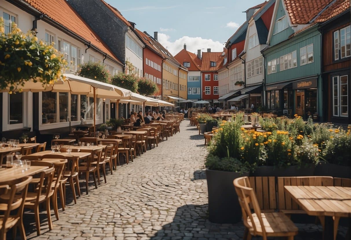 A bustling street lined with diverse restaurants in Svendborg, Denmark, with colorful signs and outdoor seating