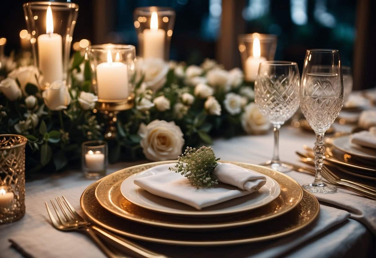 A lavish table setting with elegant dinnerware and fine dining utensils, surrounded by soft candlelight and exquisite floral centerpieces