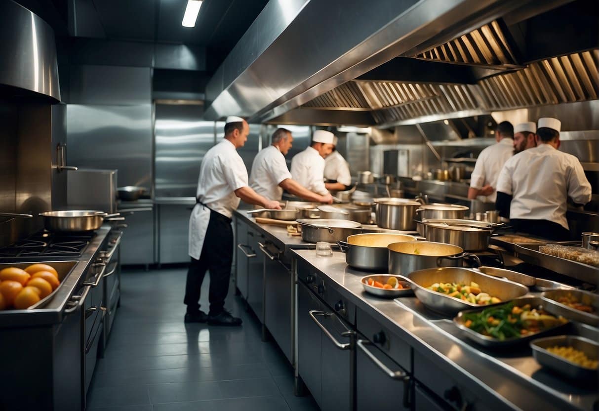 A bustling kitchen with chefs cooking diverse cuisines from around the world in Aalborg's top restaurants