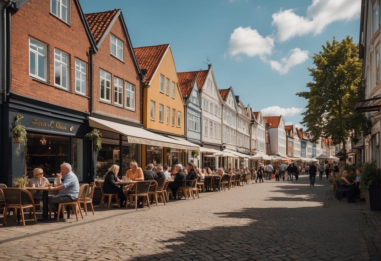 A bustling street in Aalborg, lined with unique and specialty restaurants, each with their own distinctive charm and character. The aroma of delicious cuisines fills the air, drawing in locals and tourists alike