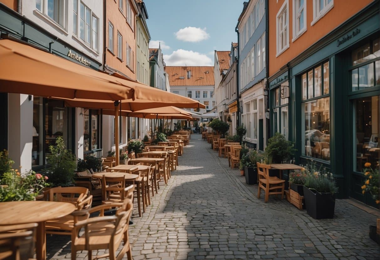 A bustling street in Aalborg, with colorful restaurant facades and outdoor seating. A sign reads "Anmeldelser og Anbefalinger Bedste Restauranter i Aalborg."