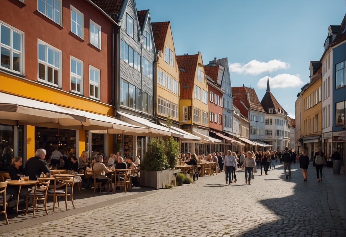 A bustling street in Aalborg, with colorful restaurant facades lining the road. People are seen enjoying outdoor dining, while others walk by, admiring the lively atmosphere