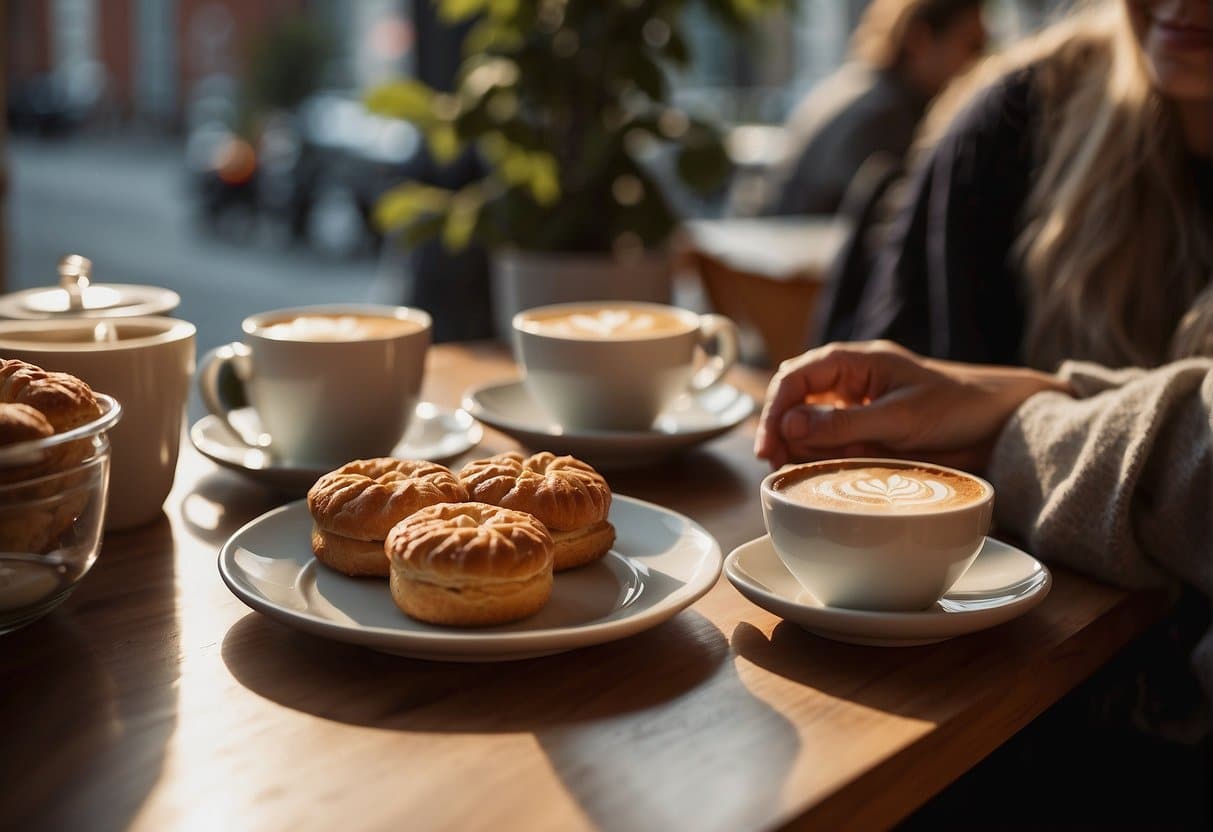 Customers enjoying coffee and pastries at cozy tables in the Best Cafes in Aalborg, with warm lighting and a relaxed atmosphere