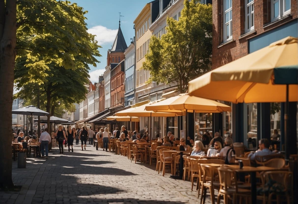 A bustling street in Aalborg with charming cafes and outdoor seating. Colorful umbrellas shade patrons enjoying coffee and pastries. A mix of historic and modern architecture lines the street