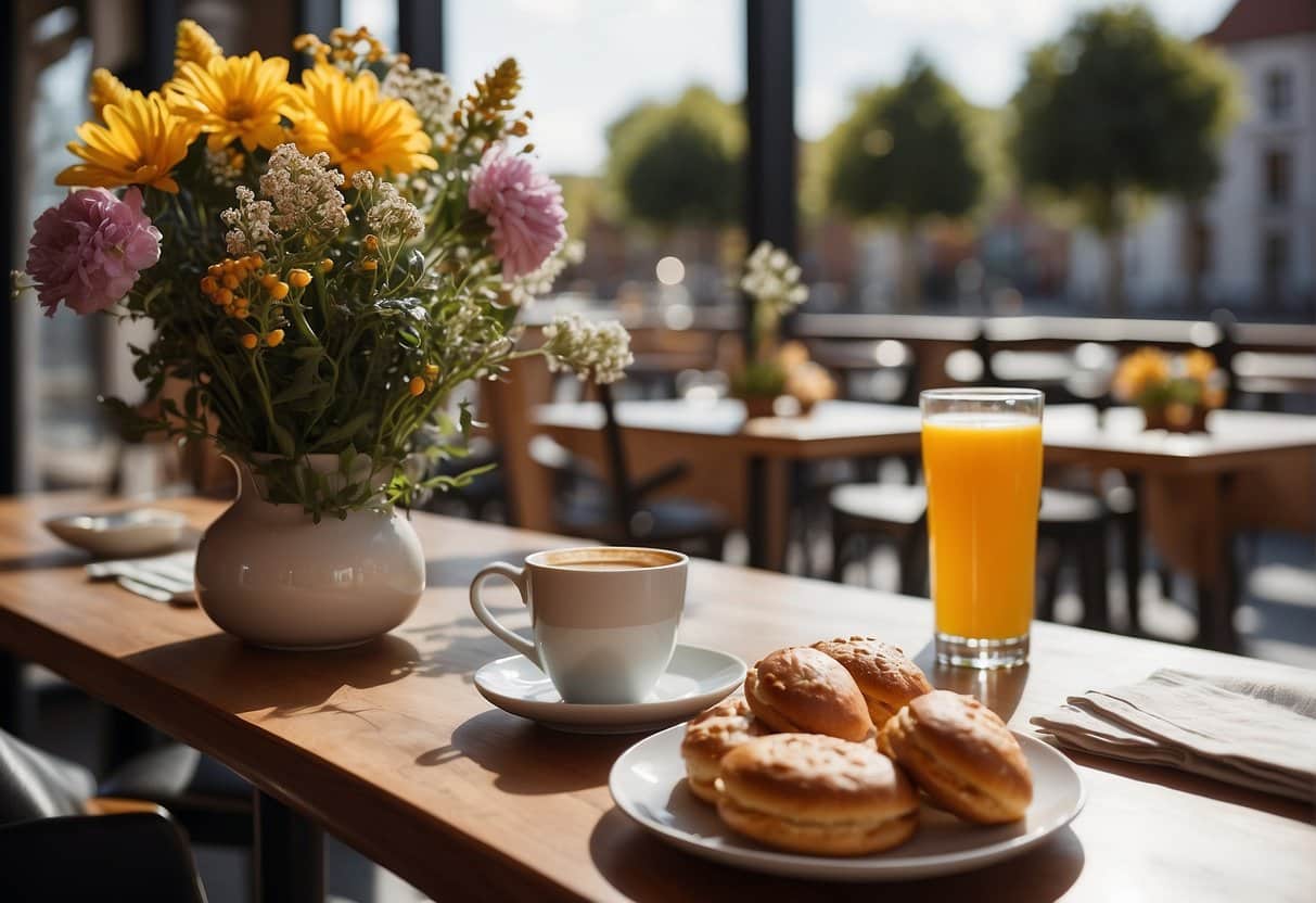 A cozy café in Aalborg serves breakfast and brunch. Tables are adorned with fresh flowers, while the aroma of coffee and pastries fills the air