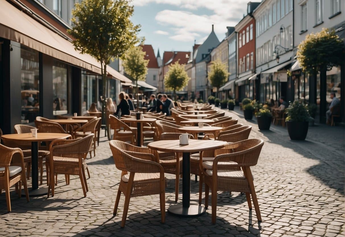 A bustling street lined with cozy cafes in Aalborg, Denmark. Tables and chairs spill onto the sidewalk, inviting patrons to enjoy coffee and conversation