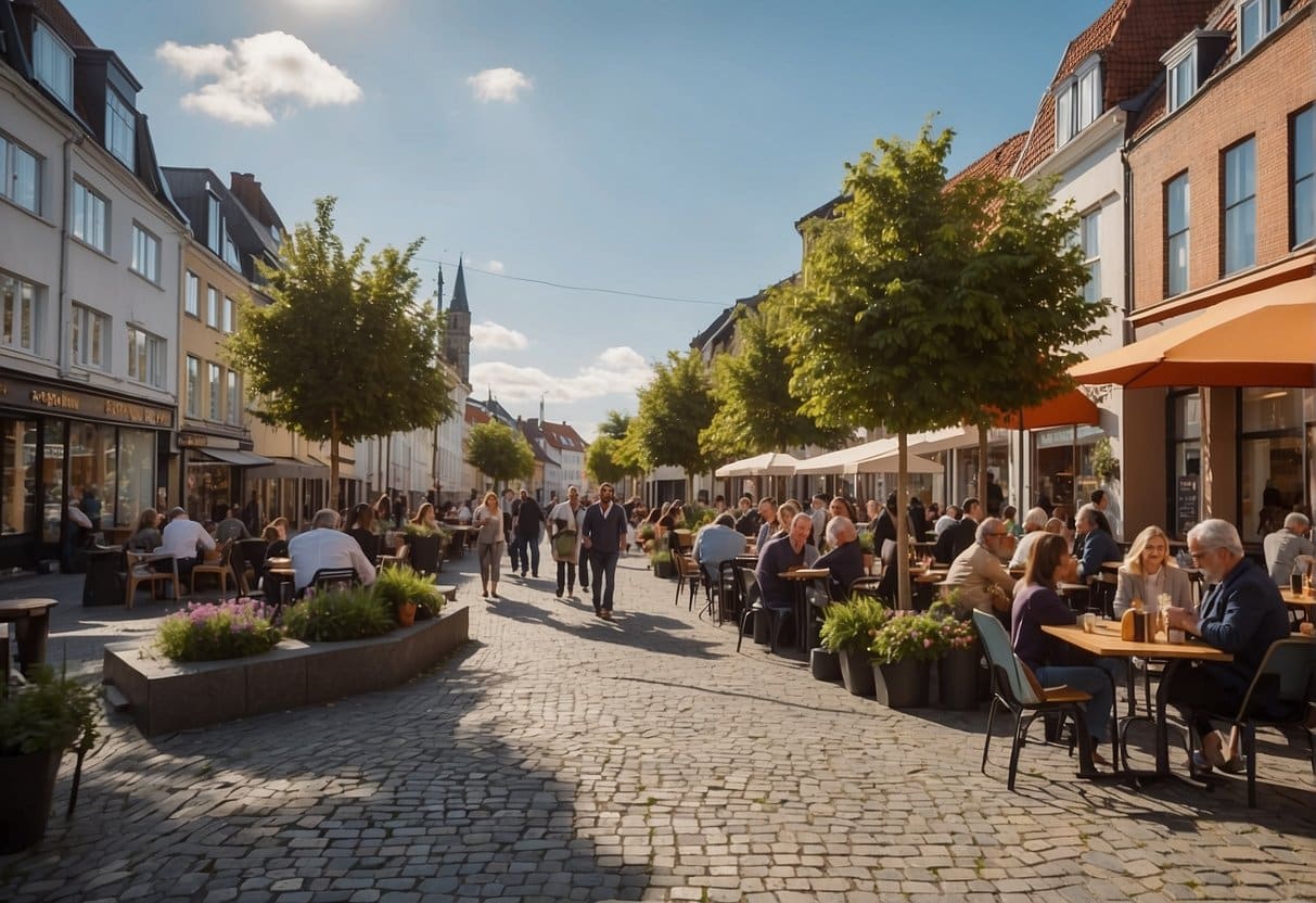 A cozy café in Aalborg with steaming coffee cups and delicious pastries on rustic wooden tables. Warm lighting and comfortable seating create a welcoming atmosphere