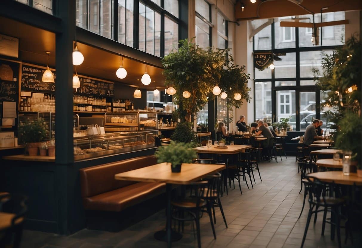 A bustling café in Aalborg, with sustainable and locally sourced ingredients on display. Vibrant atmosphere and cozy seating