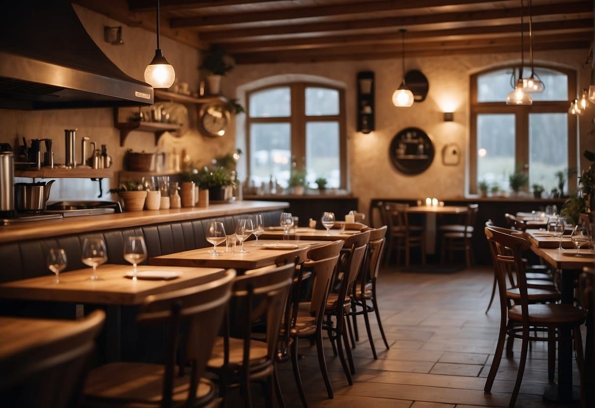 A cozy restaurant in Skjern, with warm lighting and rustic decor. Tables are set with elegant dinnerware, and a chef can be seen preparing delicious meals in the open kitchen