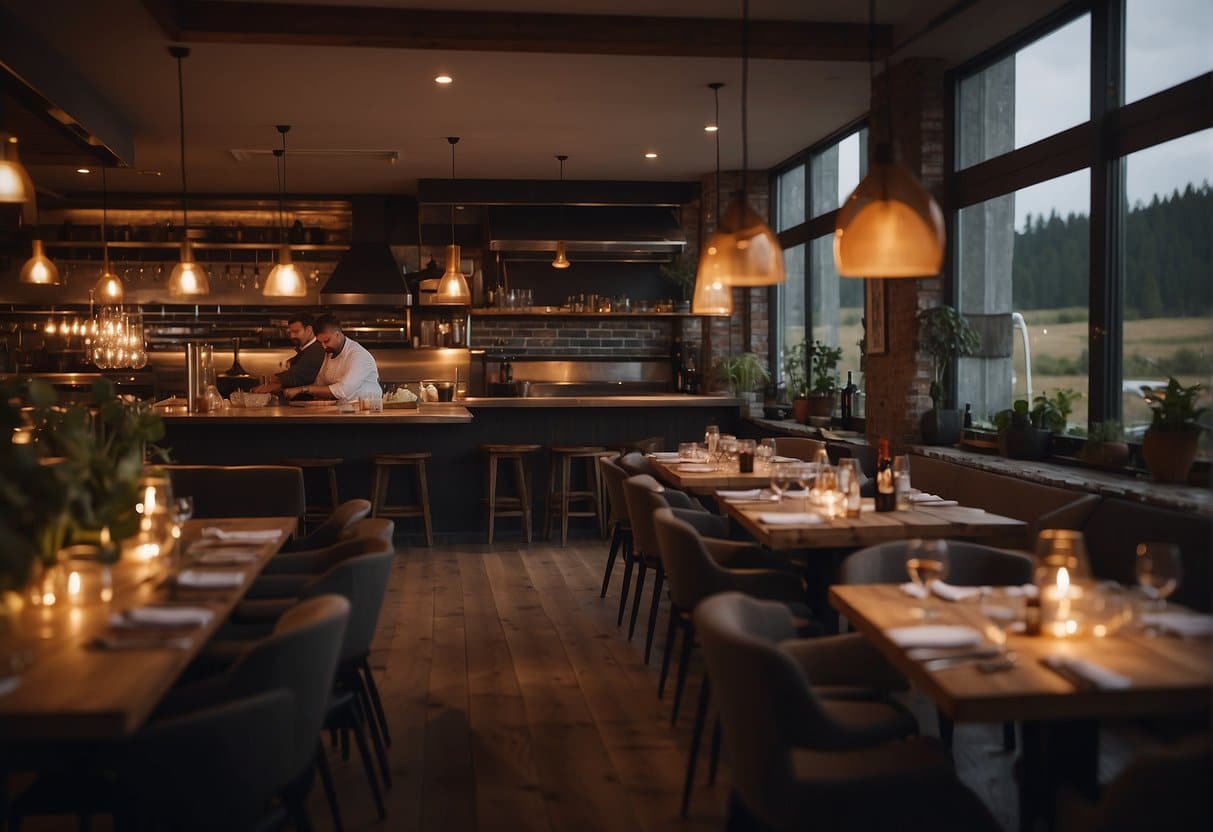 A cozy restaurant in Skjern with warm lighting and elegant table settings. A chef prepares a gourmet meal in the open kitchen, while guests enjoy their meals and conversation