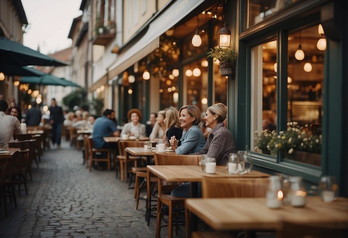 A cozy restaurant with happy diners enjoying delicious meals in a charming town setting