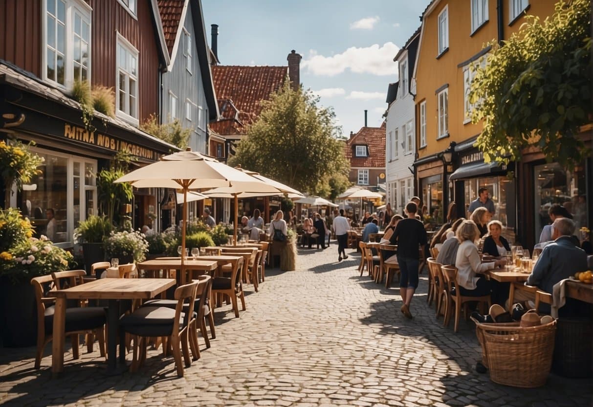 A bustling street in Skjern, Denmark, with colorful signs and outdoor seating. People enjoy dining at various restaurants, creating a lively and inviting atmosphere