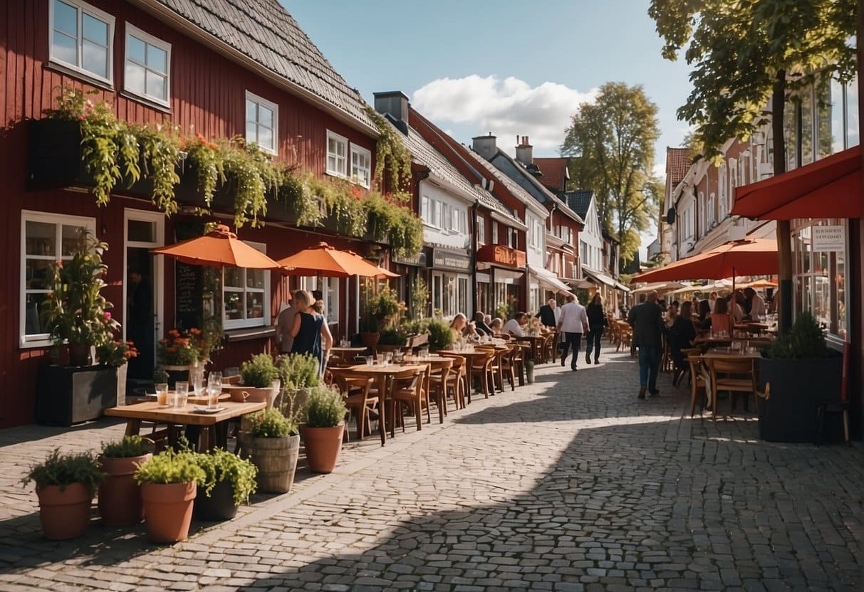 A bustling street in Skjern, with colorful signs for "Madtyper og Specialiteter Bedste Restauranter" creating a lively atmosphere