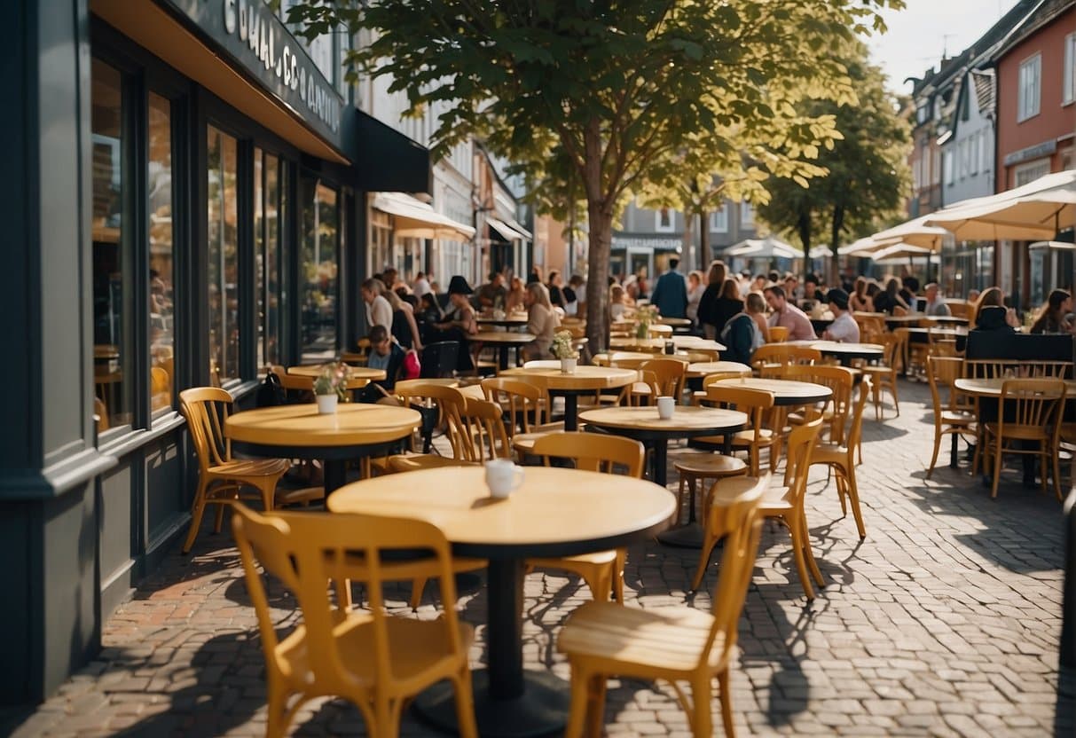 A bustling street in Skjern, with colorful signage and outdoor seating at the top restaurants