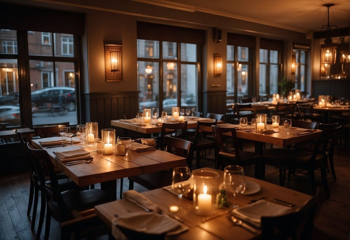 A cozy Danish kitchen in Flensburg, with traditional decor and a spread of delicious dishes on the table