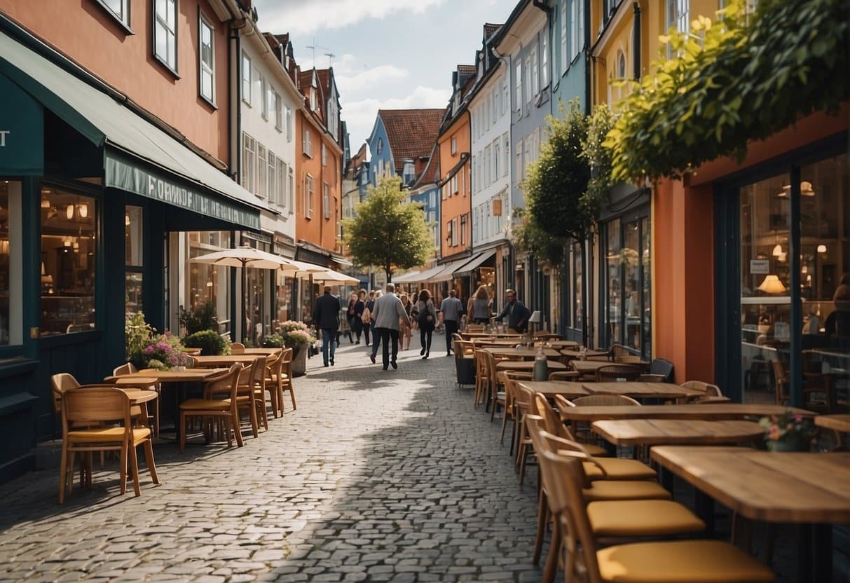 A bustling outdoor market in Flensburg, with colorful food stalls and lively atmosphere. Patrons enjoy international cuisine at the best restaurants