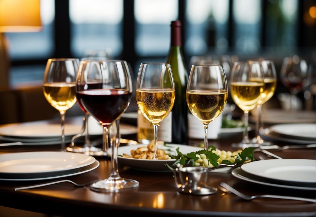 A table set with wine bottles, glasses, and various drink options. A menu with "Komplet guide til vin og drikkevarer" and "Bedste Restauranter i Flensborg" displayed