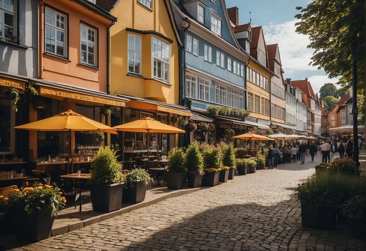 A bustling street in Flensburg, with colorful signs for the best restaurants and additional services