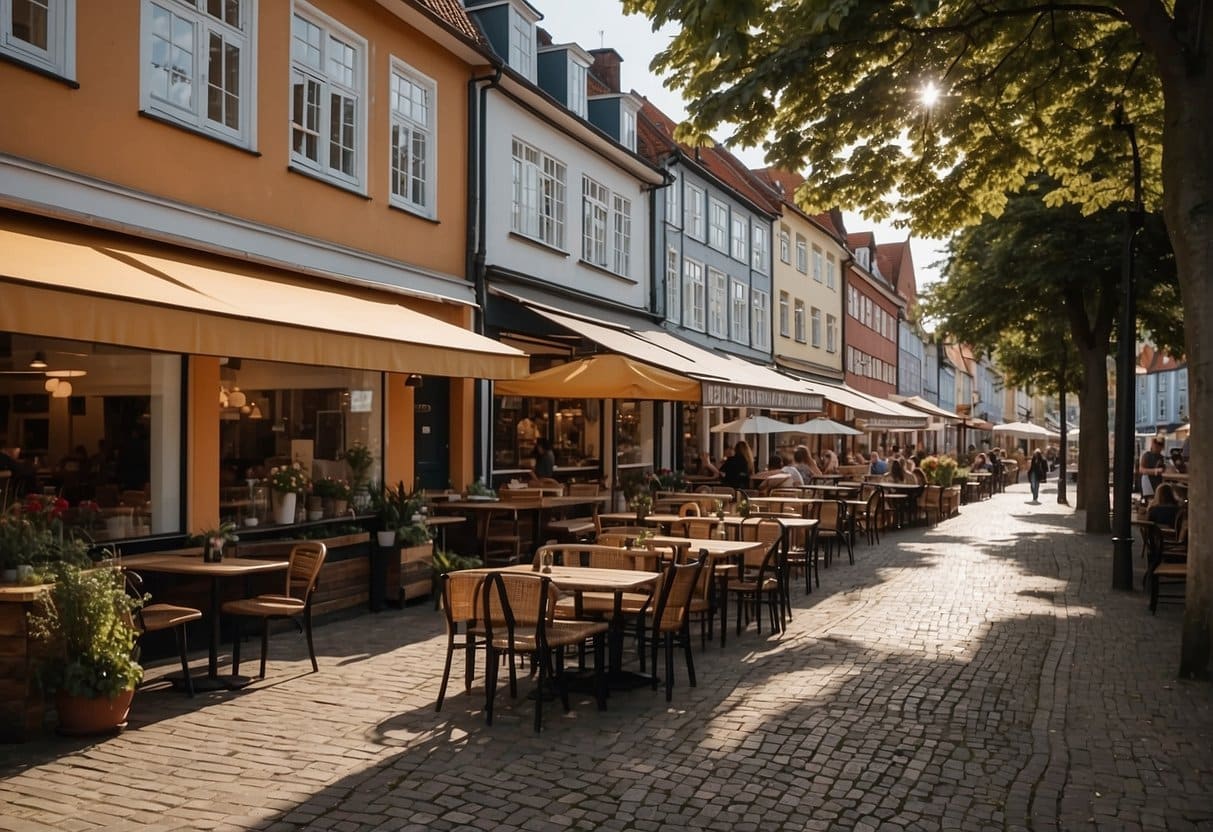 A bustling street in Flensburg with colorful storefronts and outdoor seating, showcasing the best restaurants in the area